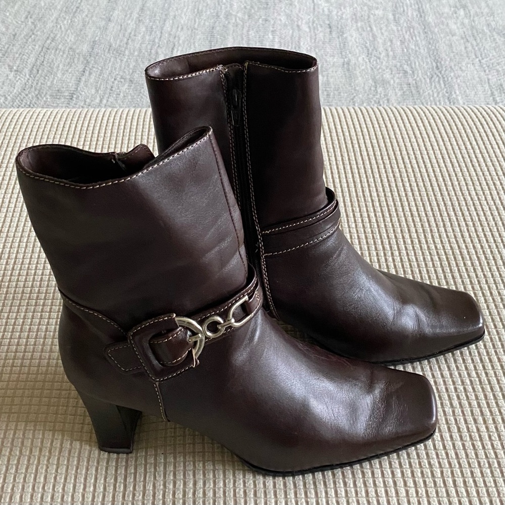 Apostrophe Leather Heeled Boots with Buckle Detail
